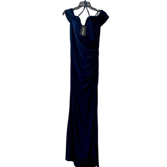 New La Femme Size 10 Off the Shoulder Ruched Floor Length Gown Navy - Picture 2 of 13